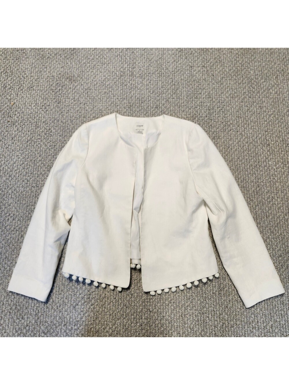 J.Crew White Pom Pom Trim Open Front Jacket Size Medium Linen Blend